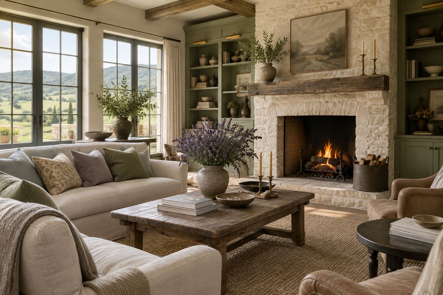 A cozy cottage living room with a stone fireplace and sage cabinetry, illustrative
