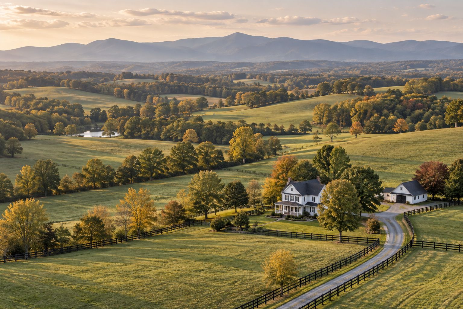 Rolling Virginia pastures with the Blue Ridge on the horizon, illustrative