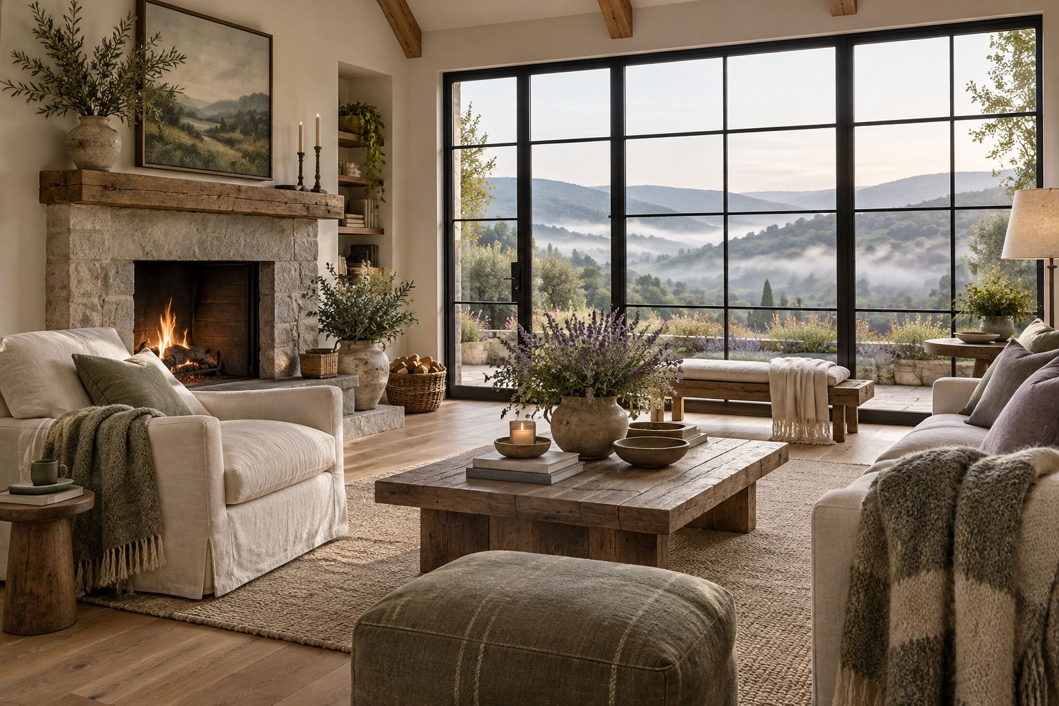 A cottage great room with a window wall onto hills, illustrative
