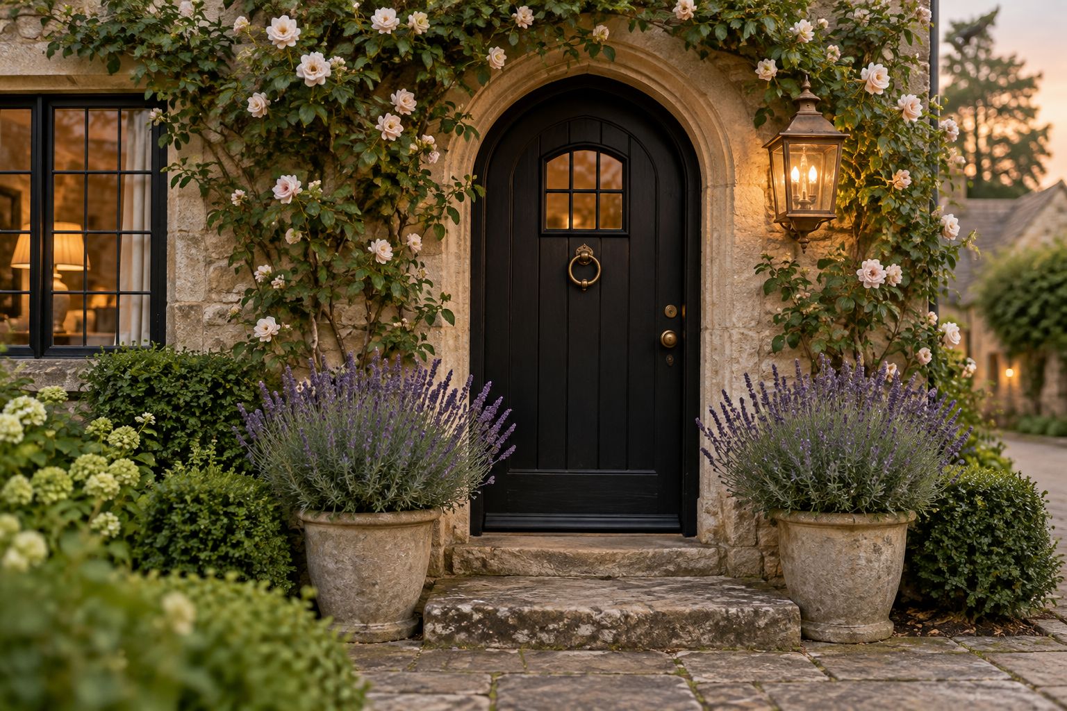 The arched black door of a stone cottage with lavender planters, illustrative