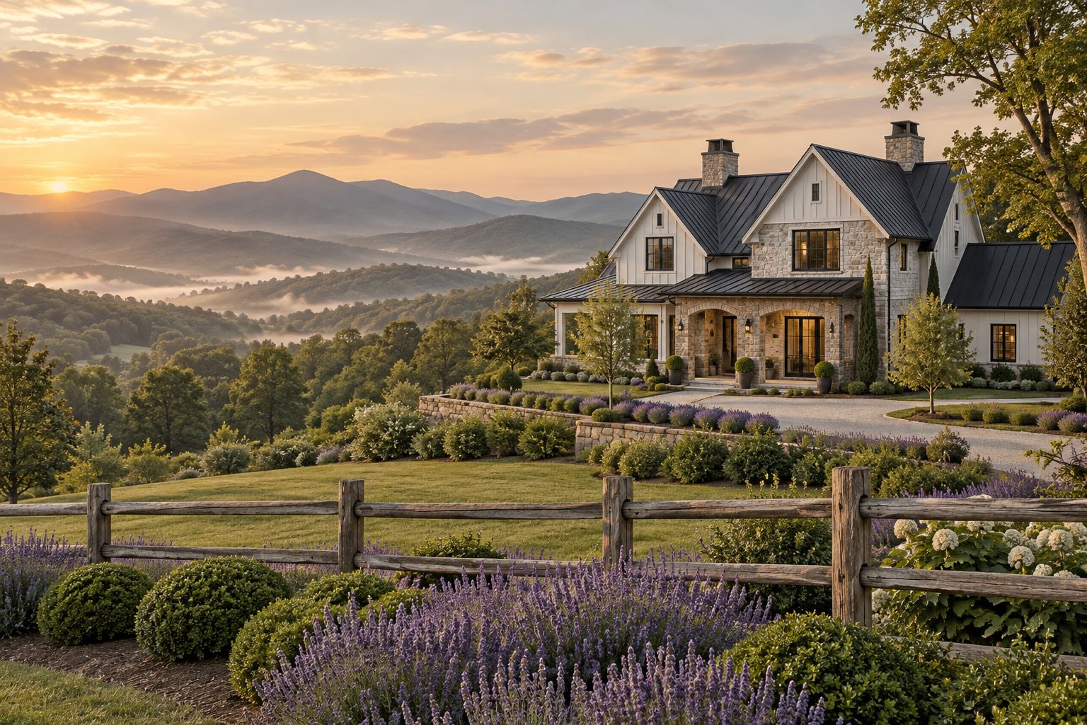 A stone cottage estate on rolling Virginia foothills at golden hour, illustrative