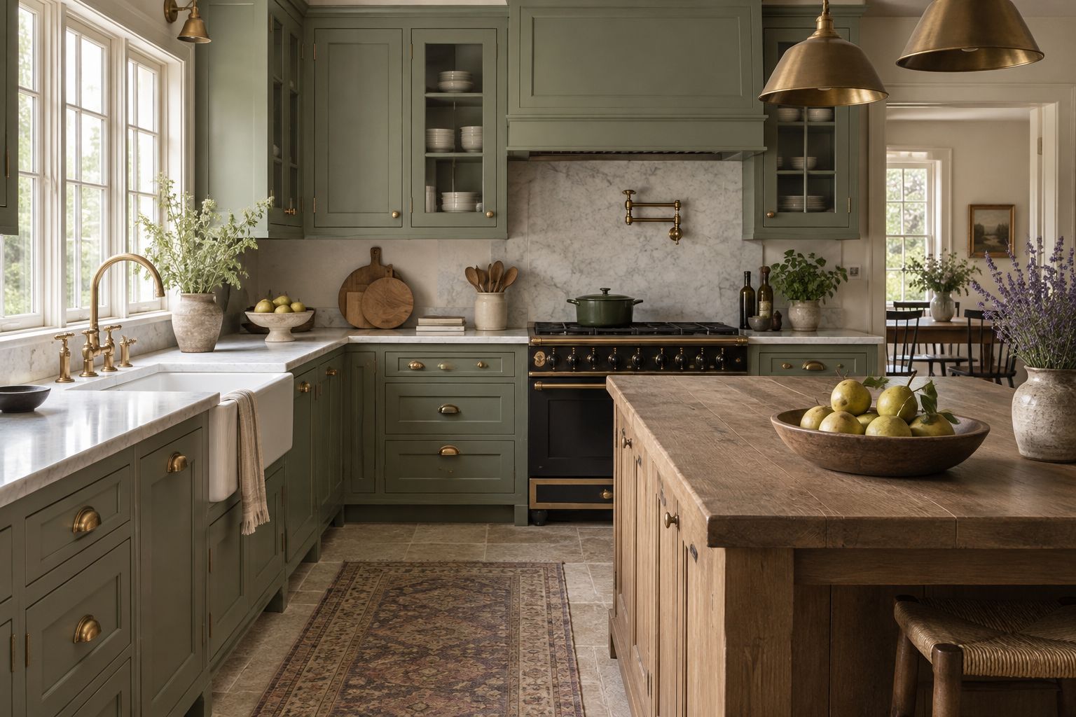 A sage green cottage kitchen with marble counters, illustrative
