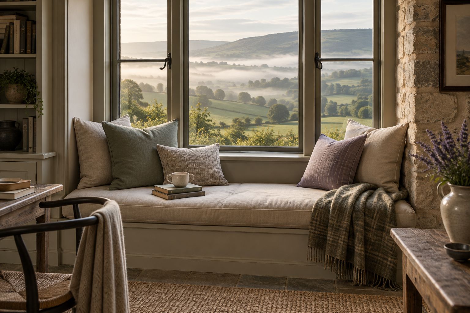 A window seat looking out over misty green hills, illustrative