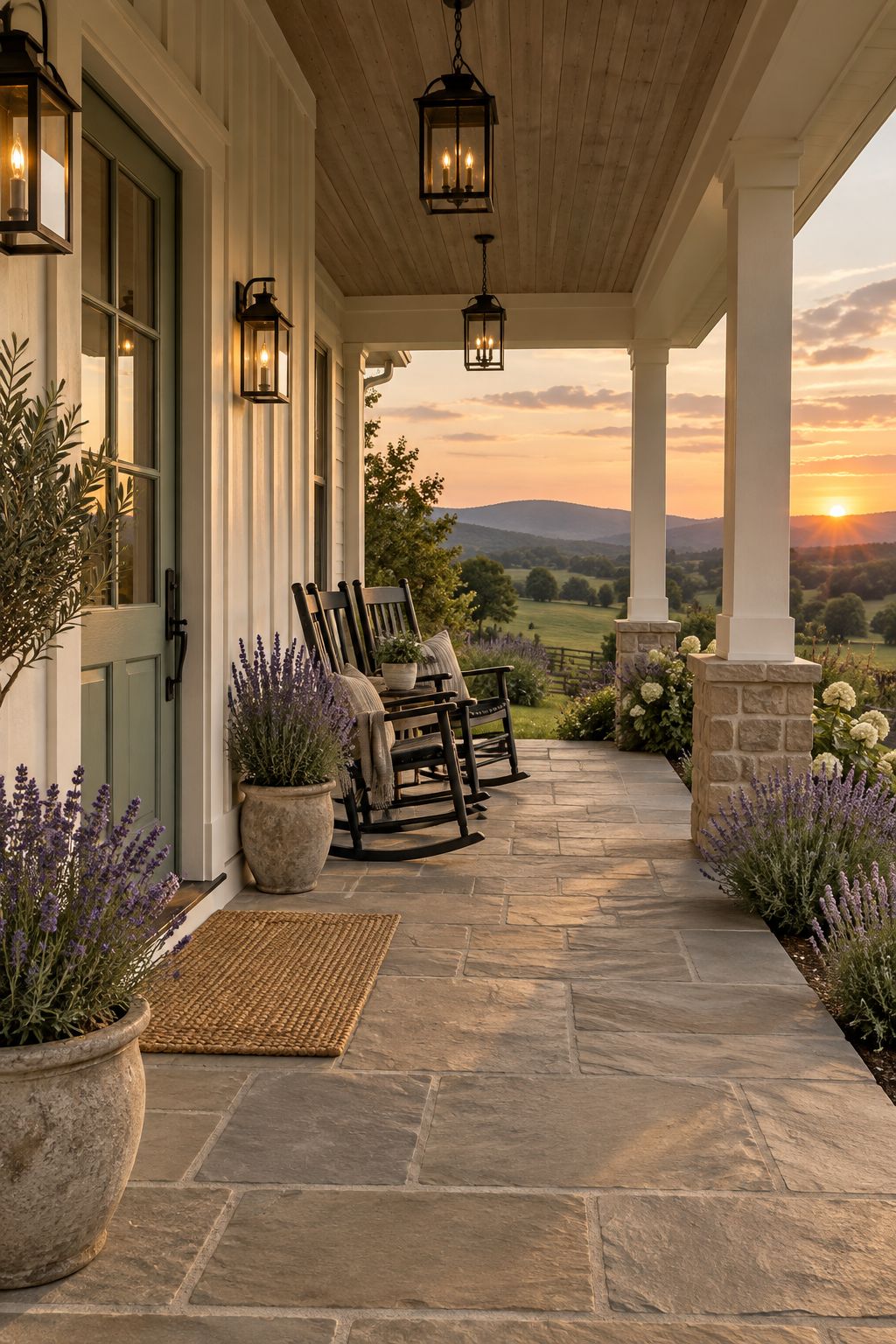 A cottage porch with rocking chairs overlooking hills at sunset, illustrative