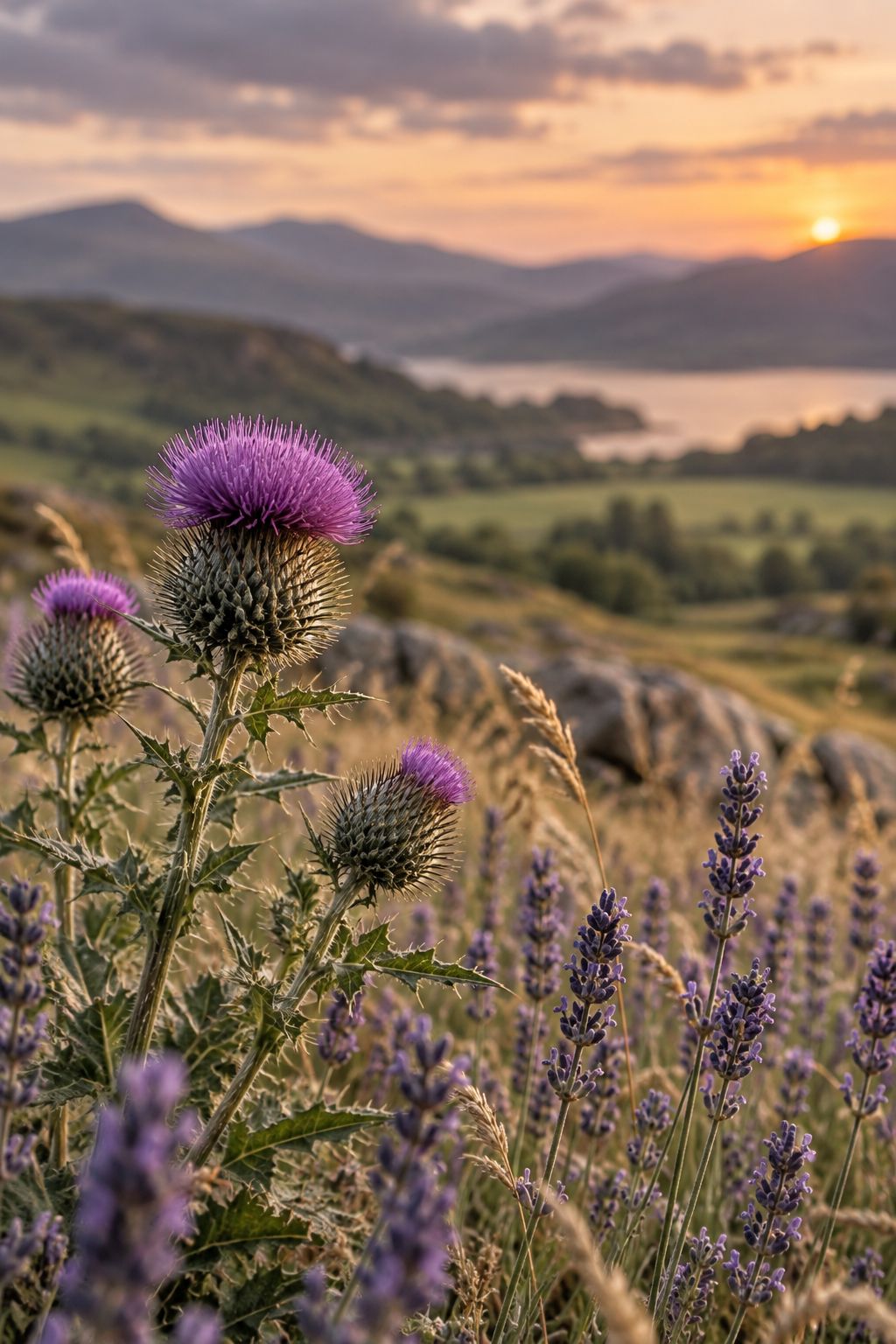 Thistle and lavender in bloom with soft hills behind, illustrative