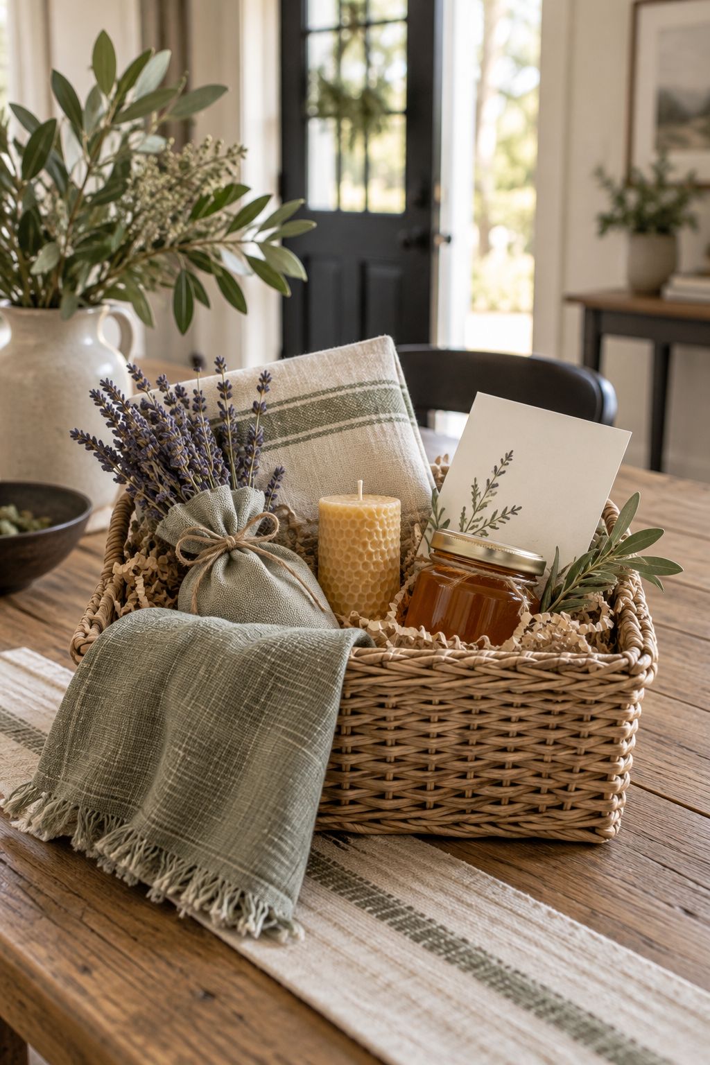 A welcome basket with lavender, honey and a candle on an oak table, illustrative